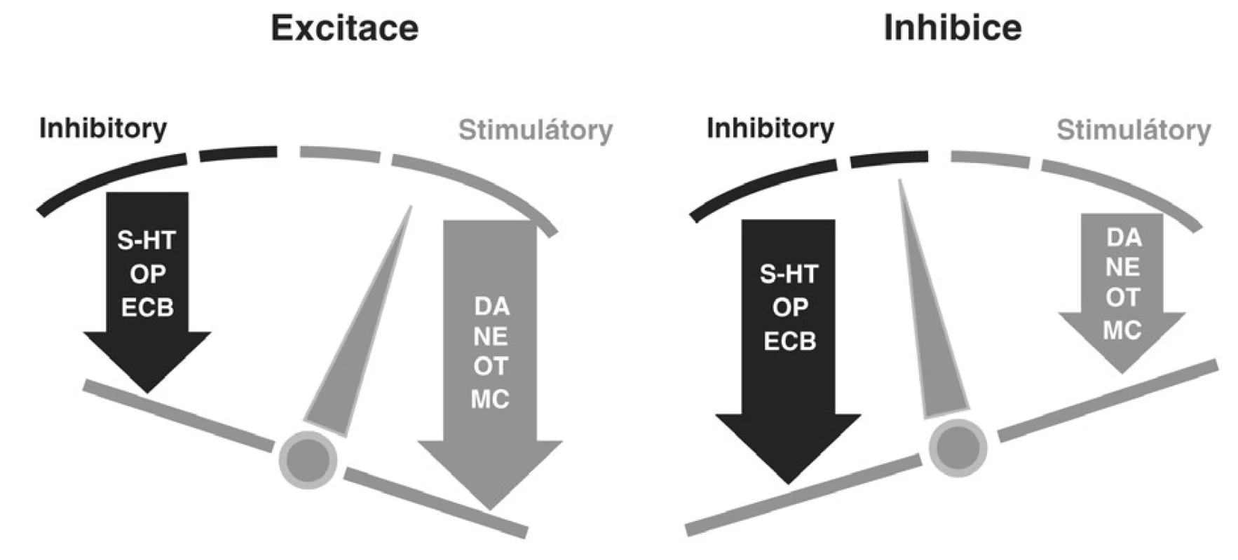 Mechanismy sexuální inhibice a excitace. DA - dopamin, NE - noradrenalin, MC - melanokortiny, OT - oxytocin, OP - opioidy, ECB - endokanabioidy, SE - serotonin Zdroj: Pfaus, J. J Sex Med, 2009. Převzato dle: Jansen, E., Bancroft, J. The dual kontrol model. The role of sexual inhibitioin and exciation in sexual arousal and behaviour. The psychiophysiology of sex. Edited by Janssen, E., Bloomington: Indiana University Press, 2007, p. 197-222