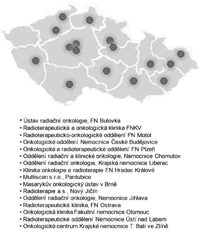 Mapa a seznam pracovišť v ČR disponujících IMRT v roce 2010