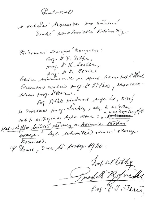 Protokol komise k založení II. porodnické kliniky ze dne 15. listopadu 1920