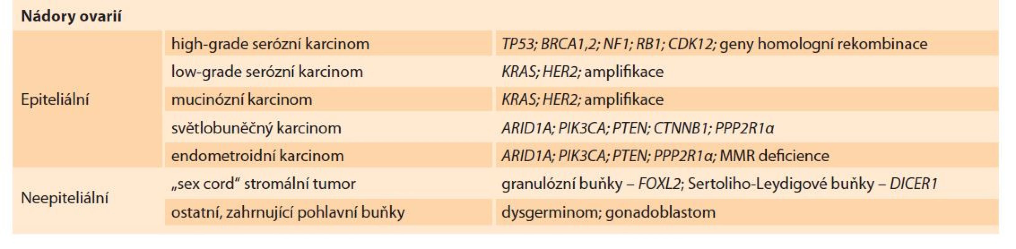 Histologické subtypy ovariálních nádorů [33].<br>
Tab. 1. Histological subtypes of ovarian tumors [33].
